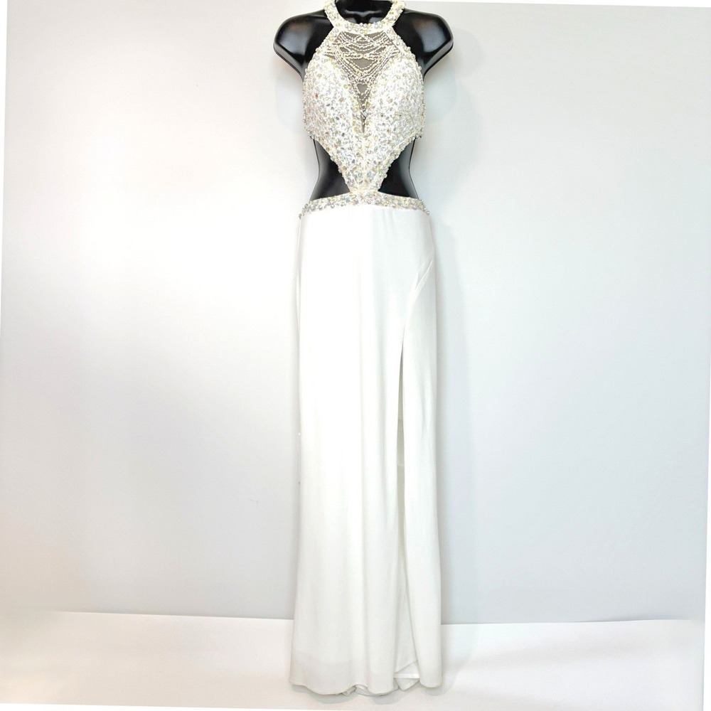 Jovani Formal Gown Embellished Cutout Slit Dress Size 0 White Homecoming Y2k